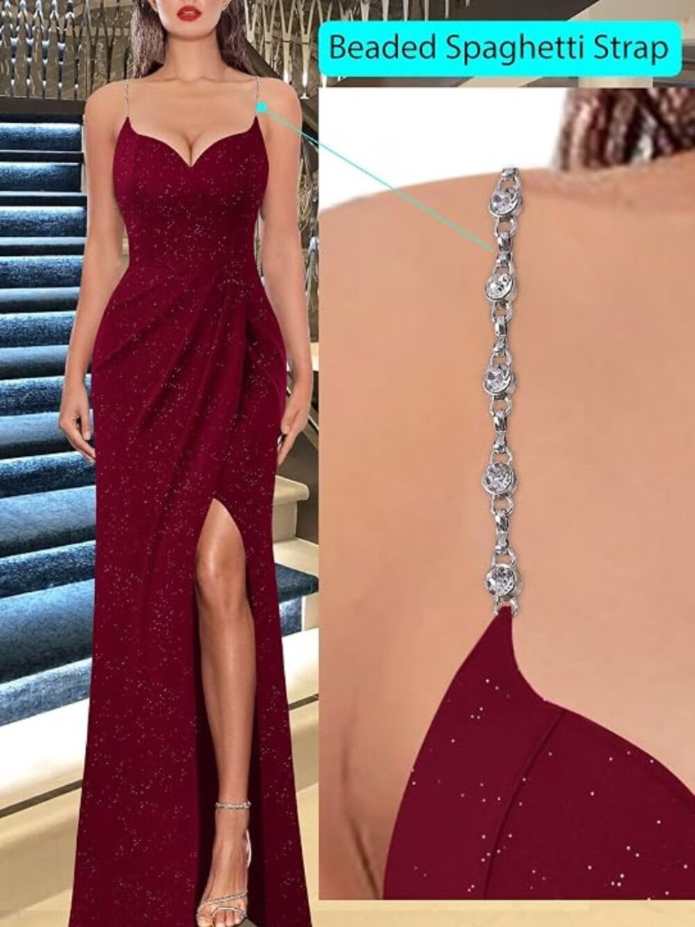 Womens Sexy Formal Ruched Fitted High Slit Bodycon Maxi Dress Spaghetti Strap S
